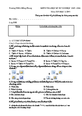 Đề kiểm tra học kì II Tin học lớp 5 - Năm học 2015-2016 - Trường Tiểu học Lê Hồng Phong